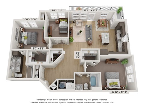 A 3D floor plan of a three-bedroom apartment with dimensions and a disclaimer.